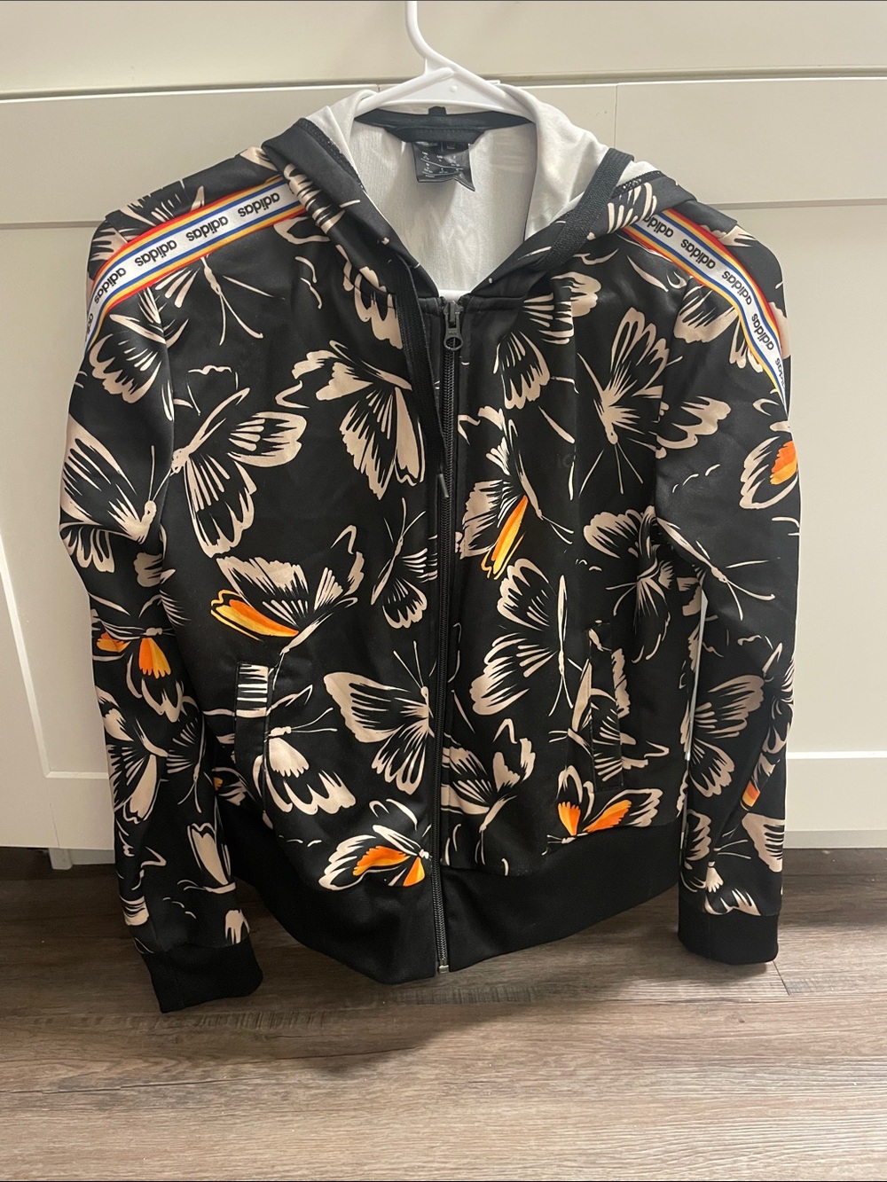 adidas Black Floral Zip Hoodie with Orange Highlights